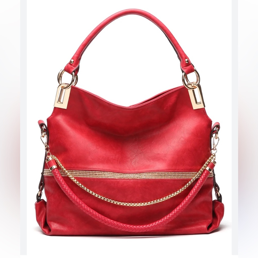 Vibrant Red Leather Hobo Bag with Gold Hardware